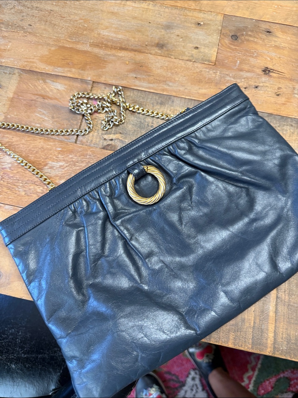 Morris Moskowitz blue Leather purse/clutch with Gold Ring and Chain Strap